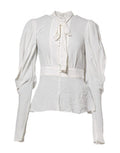 Women's White Viscose Ascot Collar Long Sleeves Top Elastane