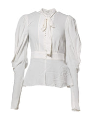 Women's White Viscose Ascot Collar Long Sleeves Top Elastane