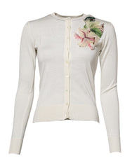 Women's Lily-Embellished Silk Cardigan White