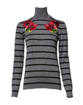 Women's Floral-Embroidered Striped Sweater Gray Cashmere Silk