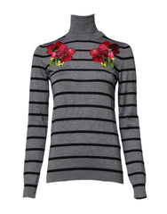 Women's Floral-Embroidered Striped Sweater Gray Cashmere Silk