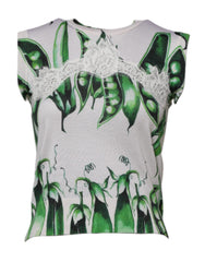 Women's White Green Pea Print Sleeveless Blouse Top Viscose Silk Cotton Nylon