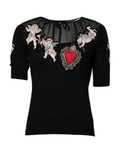 Women's Black Sacred Heart Embroidered Crewneck Top Virgin Wool Silk