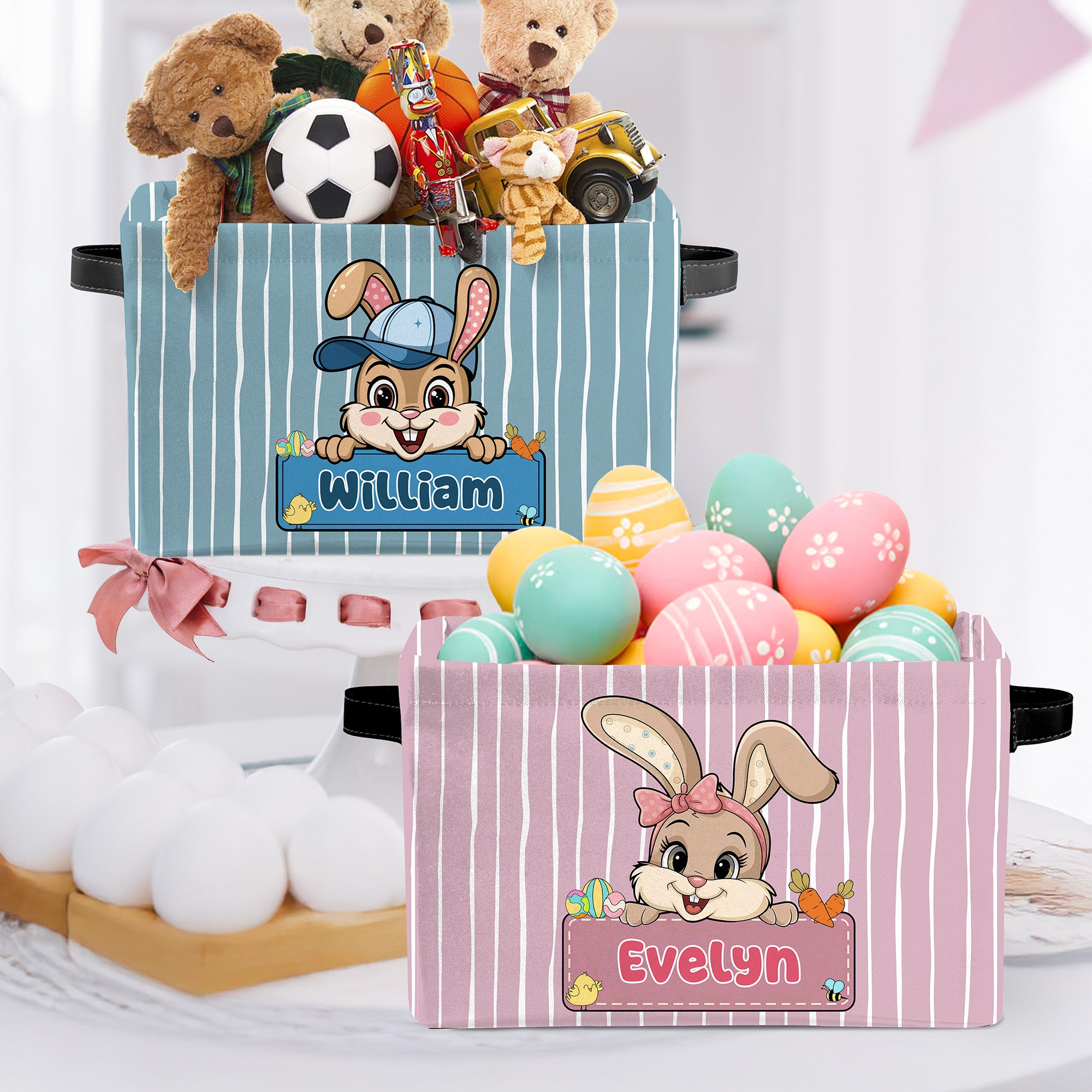 Conejito de Pascua personalizado a rayas con nombre Cesta grande con asa Regalo de cumpleaños de Pascua para niños