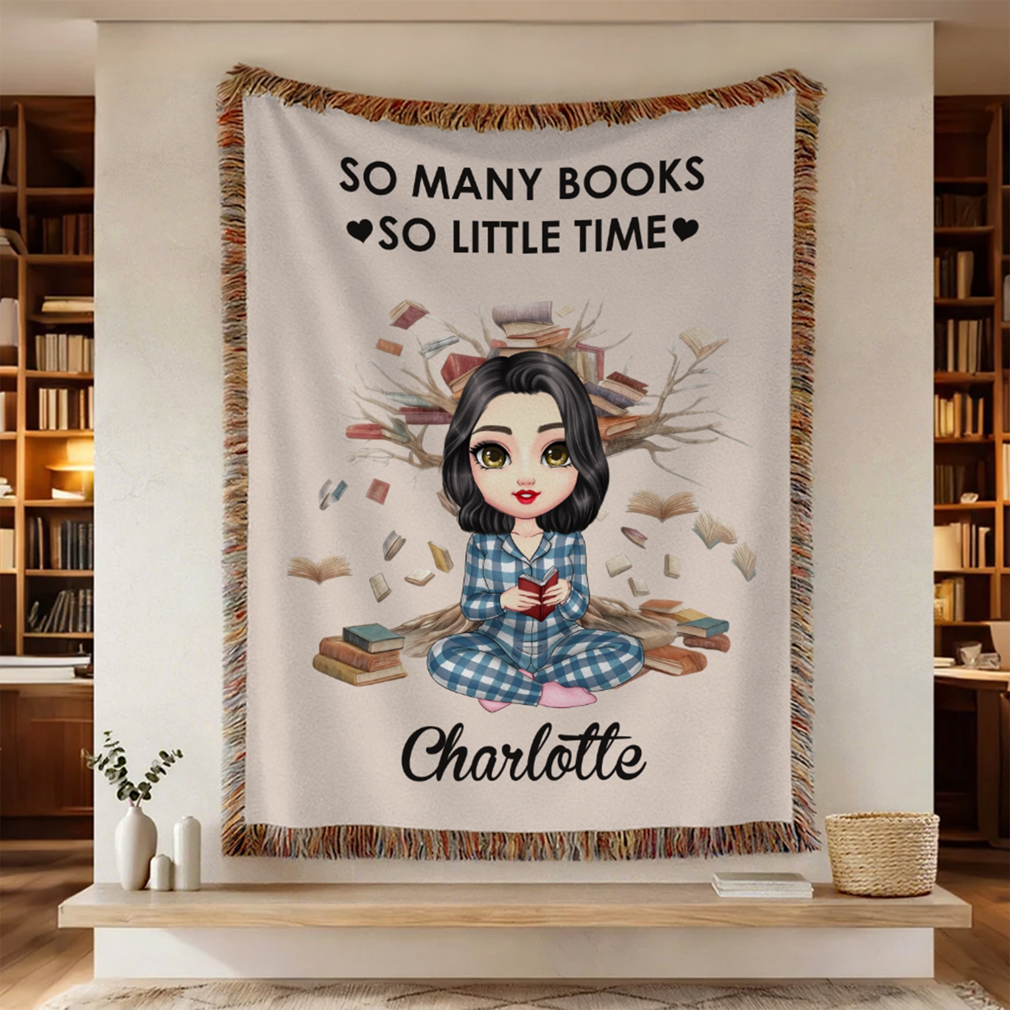 Manta personalizada de borlas con nombre de personaje de lectura de dibujos animados Decoración del hogar Club de lectura Regalo de cumpleaños para los amantes de los libros