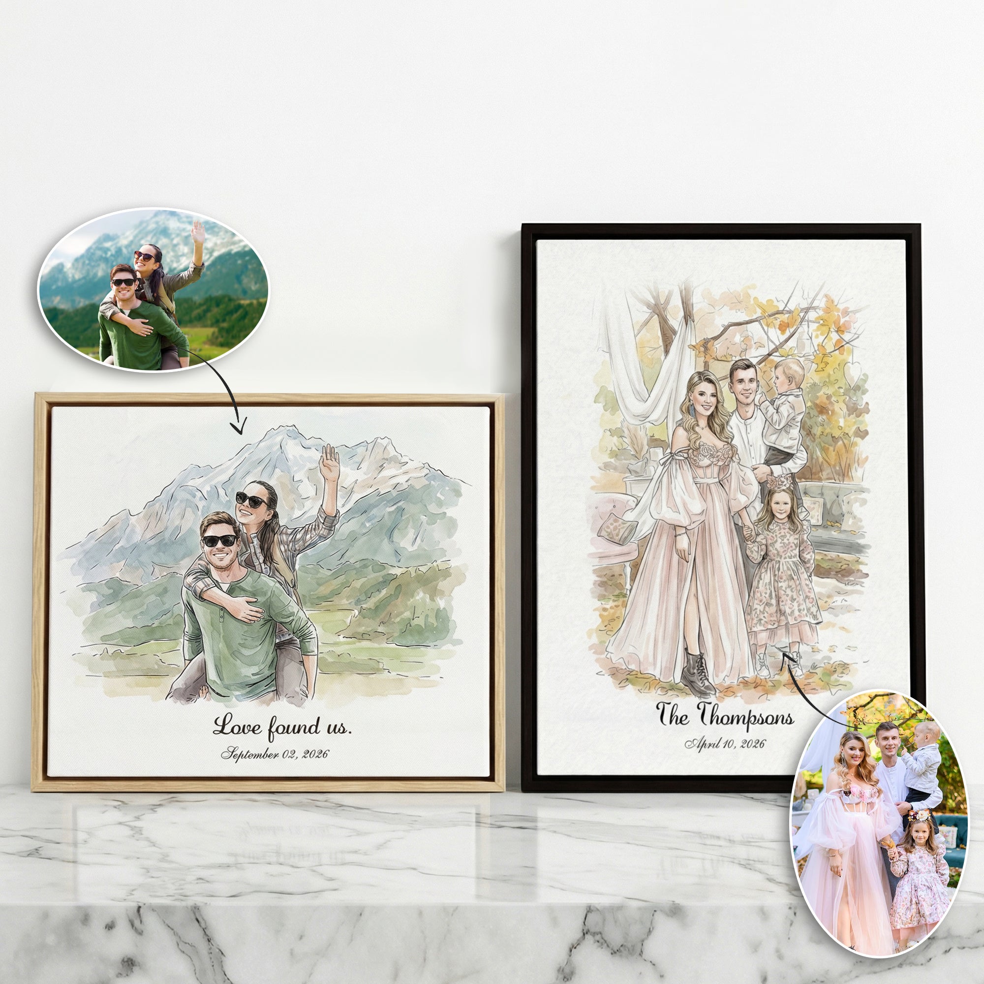Foto personalizada en acuarela enmarcada en lienzo con fecha y texto Decoración para el hogar Envío desde EE.UU. San Valentín Regalo de aniversario para parejas de recién casados
