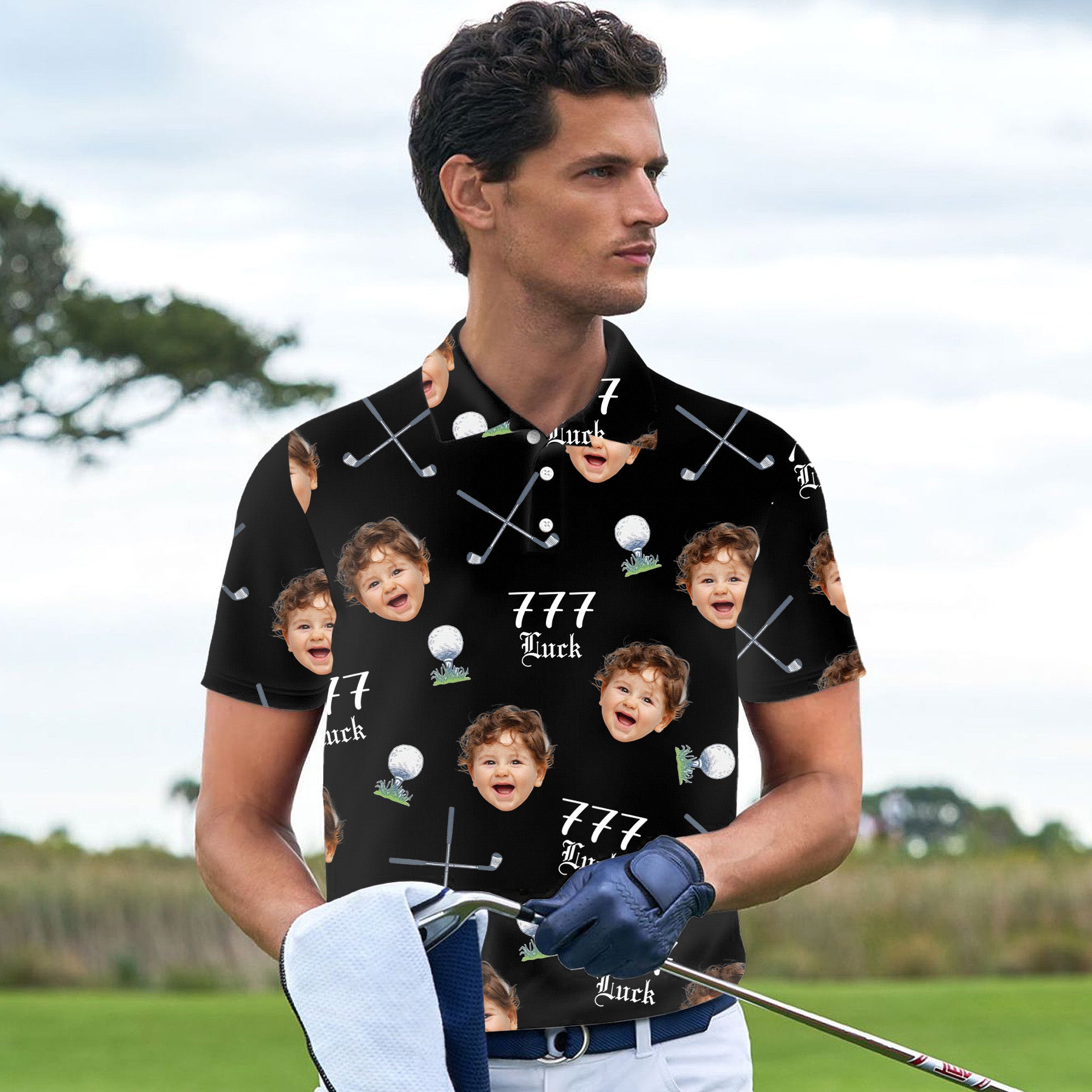 Polo Transpirable Personalizado con Foto de Cara con Tema de Golf y Número de la Suerte Divertido Club de Golf Regalo de Cumpleaños para Jugador de Golf