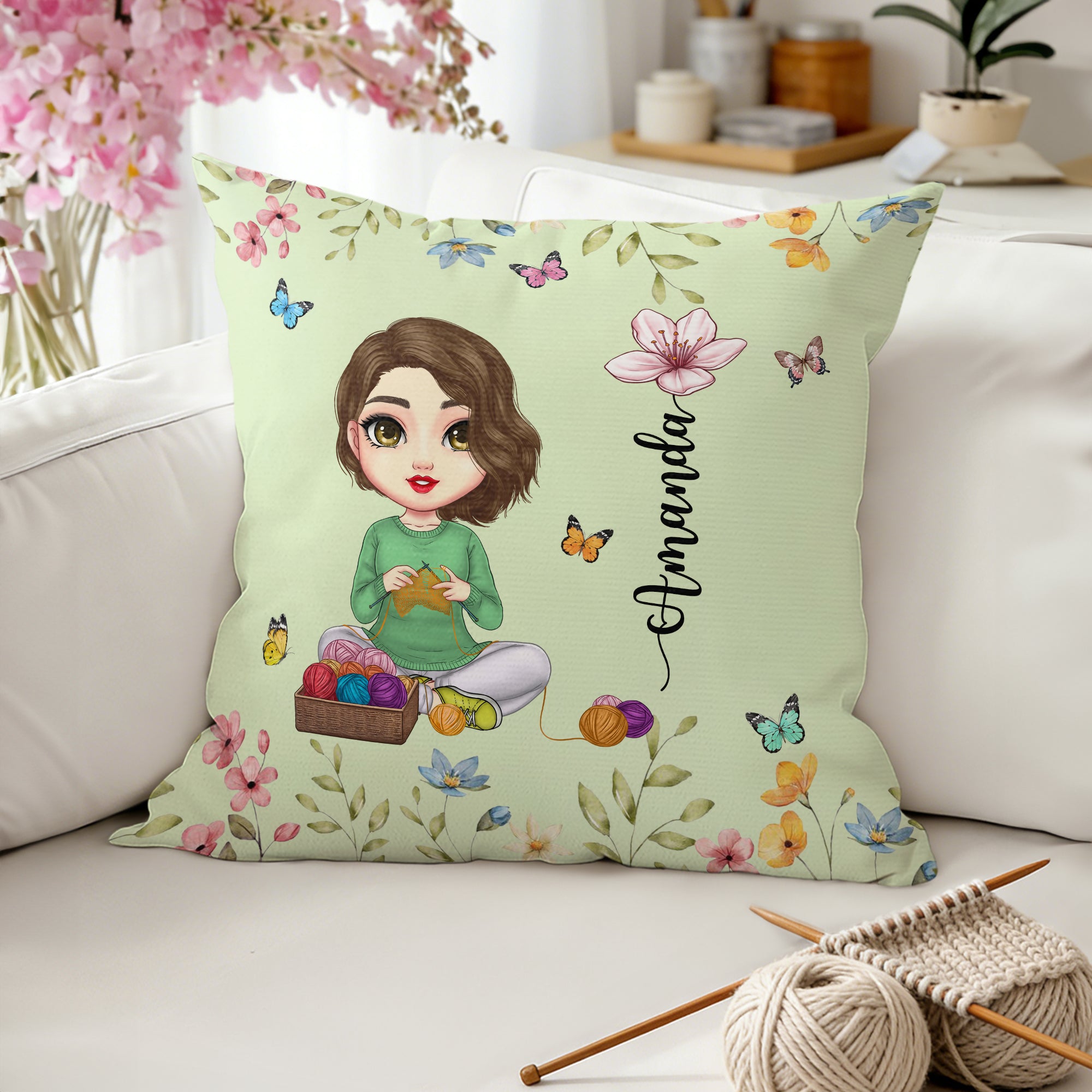 Personalizado Nacimiento Flor Cartoon Personaje Suave Funda de Almohada con Nombre Día de la Madre Cumpleaños Regalo para las mujeres amantes de tejer