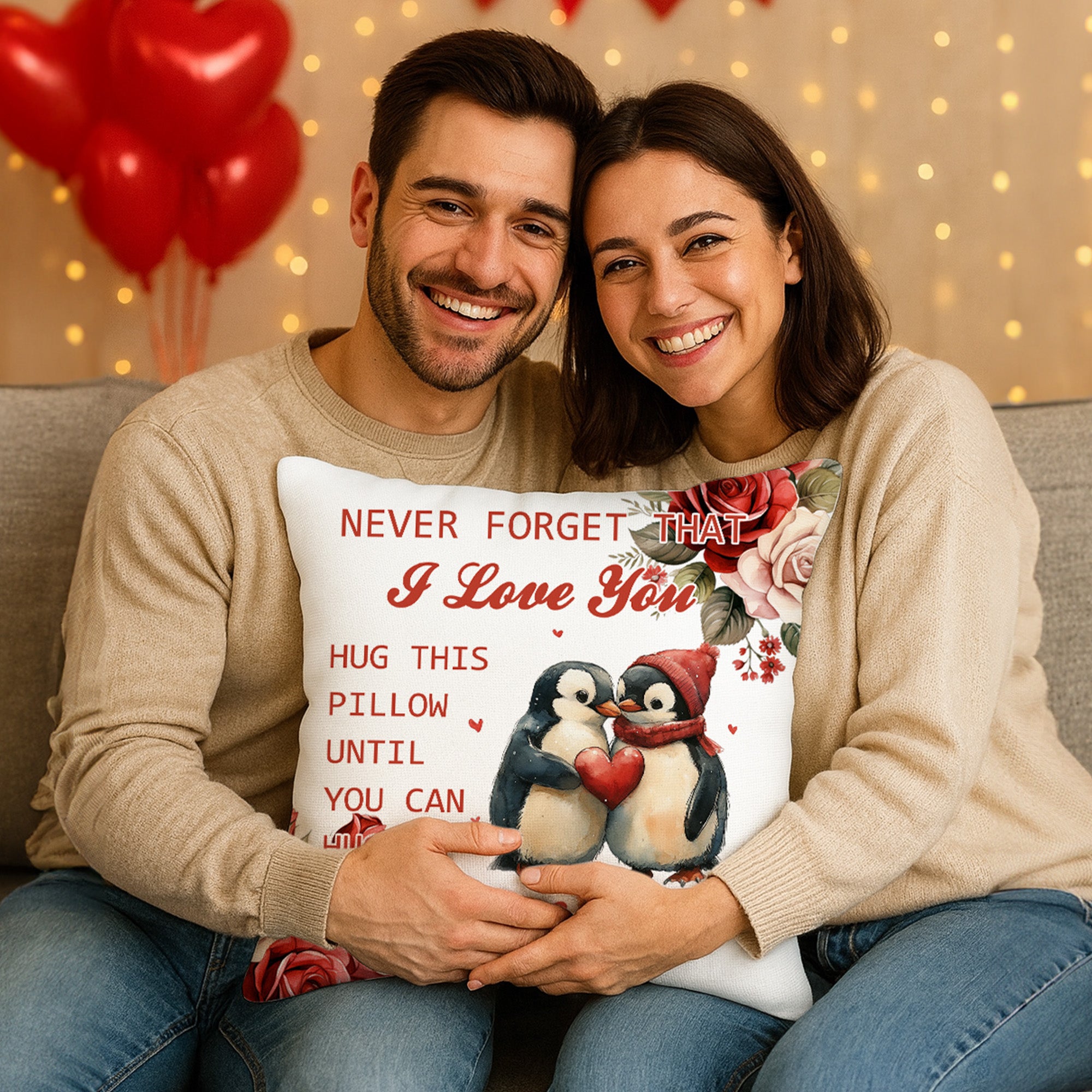 Personalizado Nunca Olvides Que Te Quiero Corazón de Pingüino Funda de Almohada Suave con Nombre Aniversario San Valentín Regalo para Pareja