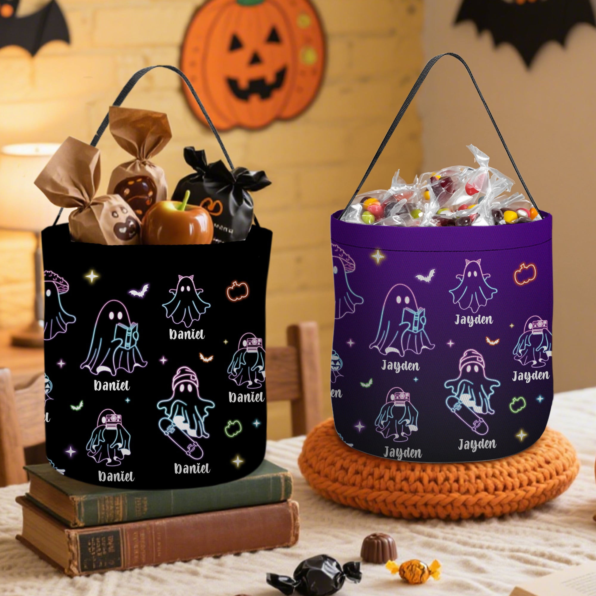 Personalizado fluorescente fantasma truco o trato bolsa de caramelos cubo con el nombre de Halloween Fiesta de Regalos para Niños Niñas