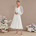 Bridal Wedding Dress Ivory Long Sleeve Short V-Neck A-line Stretch Crepe