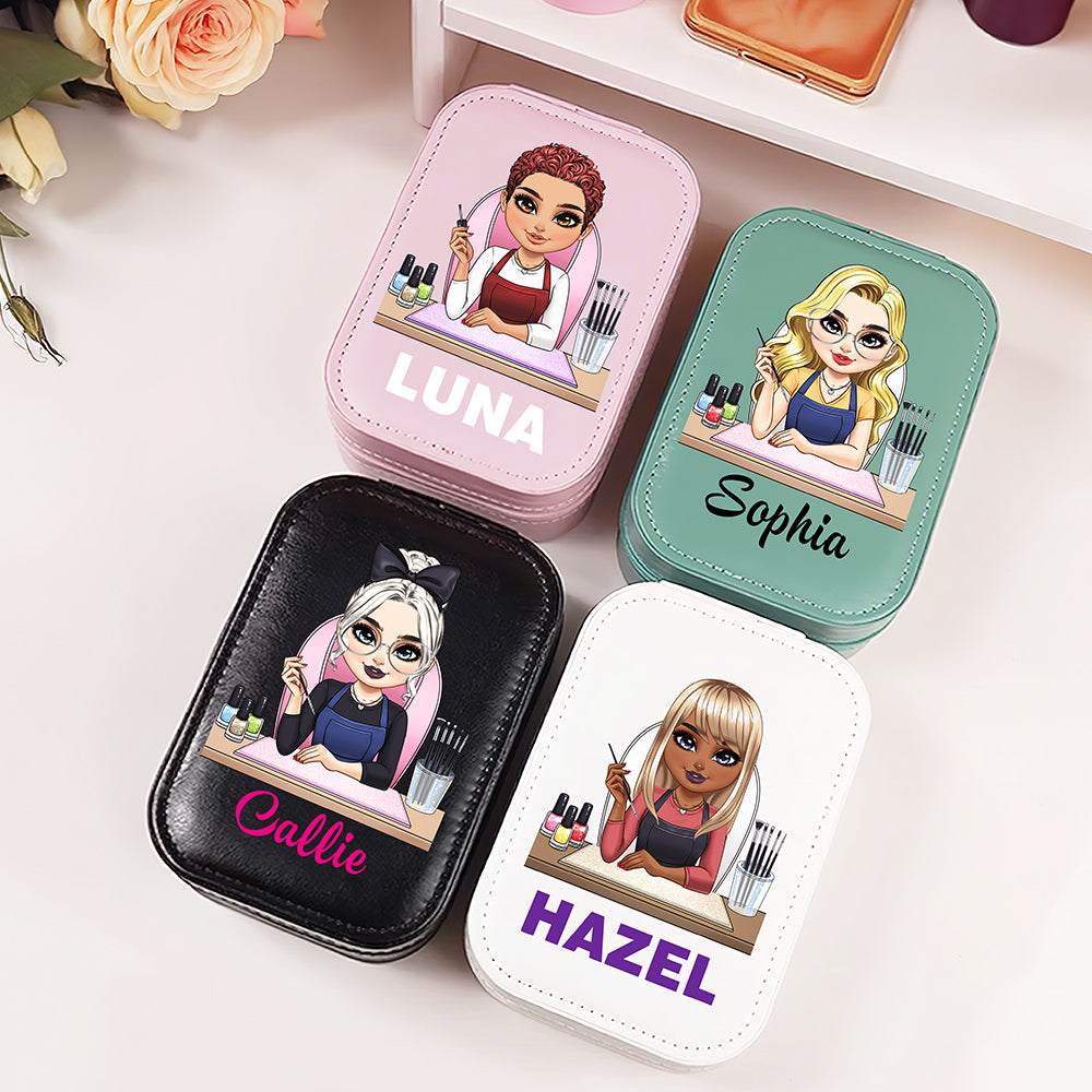 Personalizado de dibujos animados manicura Nombre PU Caja de joyería de cuero con LED ajustable Espejo de maquillaje Salón de belleza de apertura de regalo de cumpleaños para los técnicos de uñas