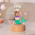 Cara Personalizada Foto Fantasía Sirena LED Luz de Noche con Nombre y Base de Madera Decoración de Guardería Regalo de Cumpleaños para Niñas