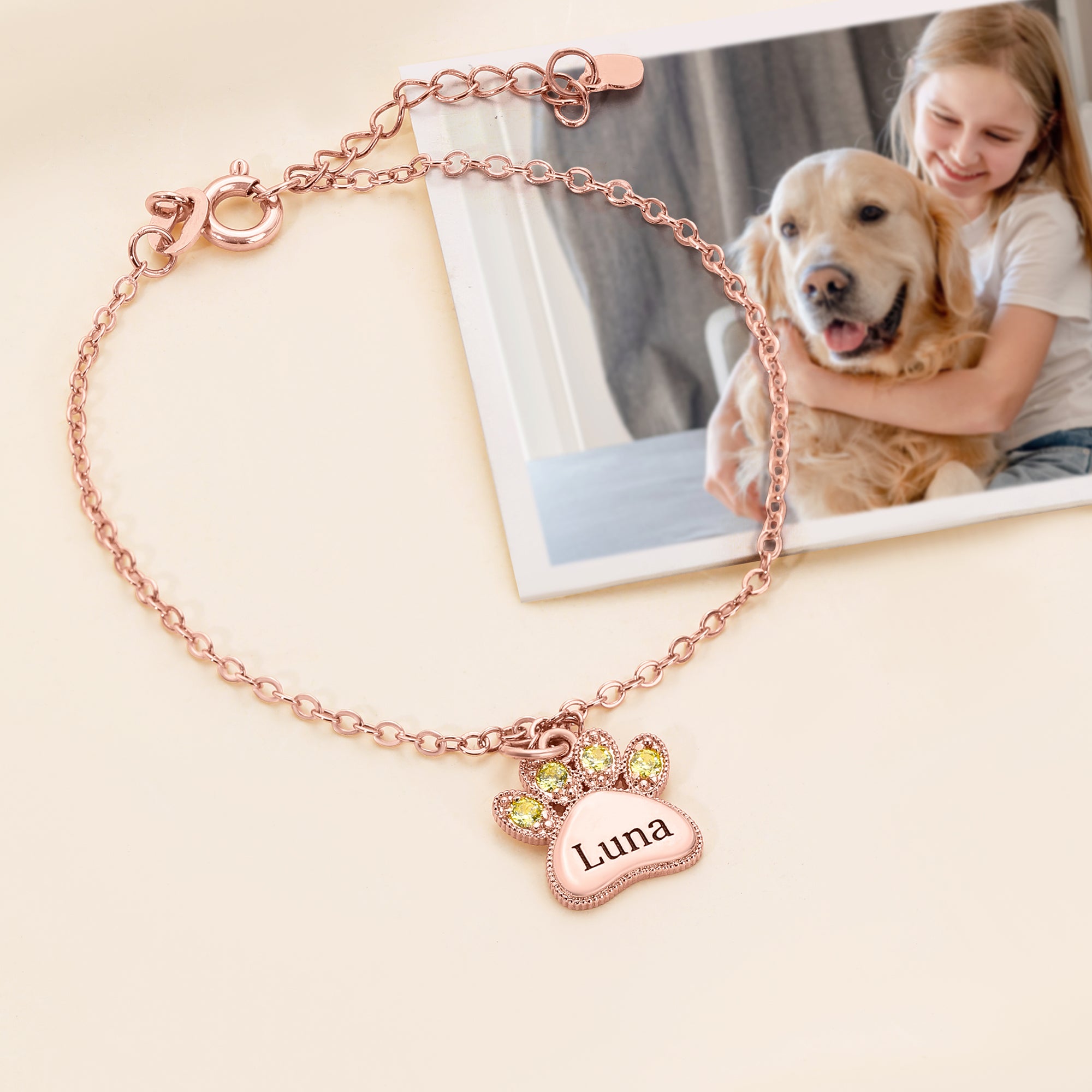 Personalizada Piedra de Nacimiento Pet Paw Print Pulsera con Nombre Grabado Exquisita Joyería Cumpleaños Regalo de Navidad para Pet Lover