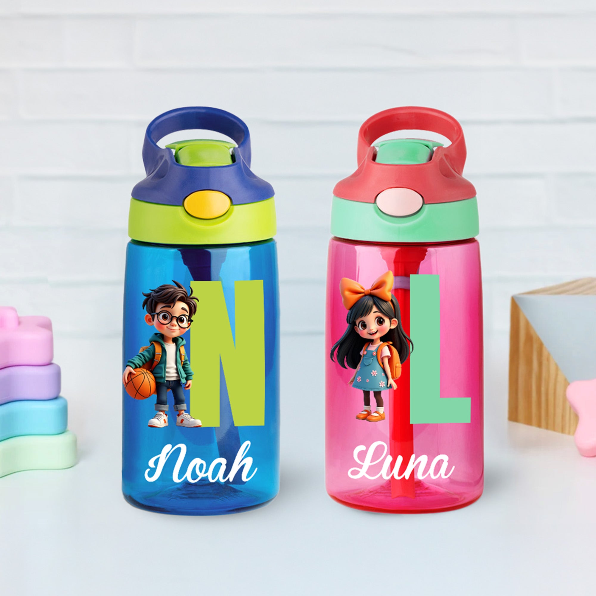 Botella de agua para niños de 16 oz personalizada con nombre e inicial Actividades al aire libre Cumpleaños Navidad Vuelta al cole Regalo para niños