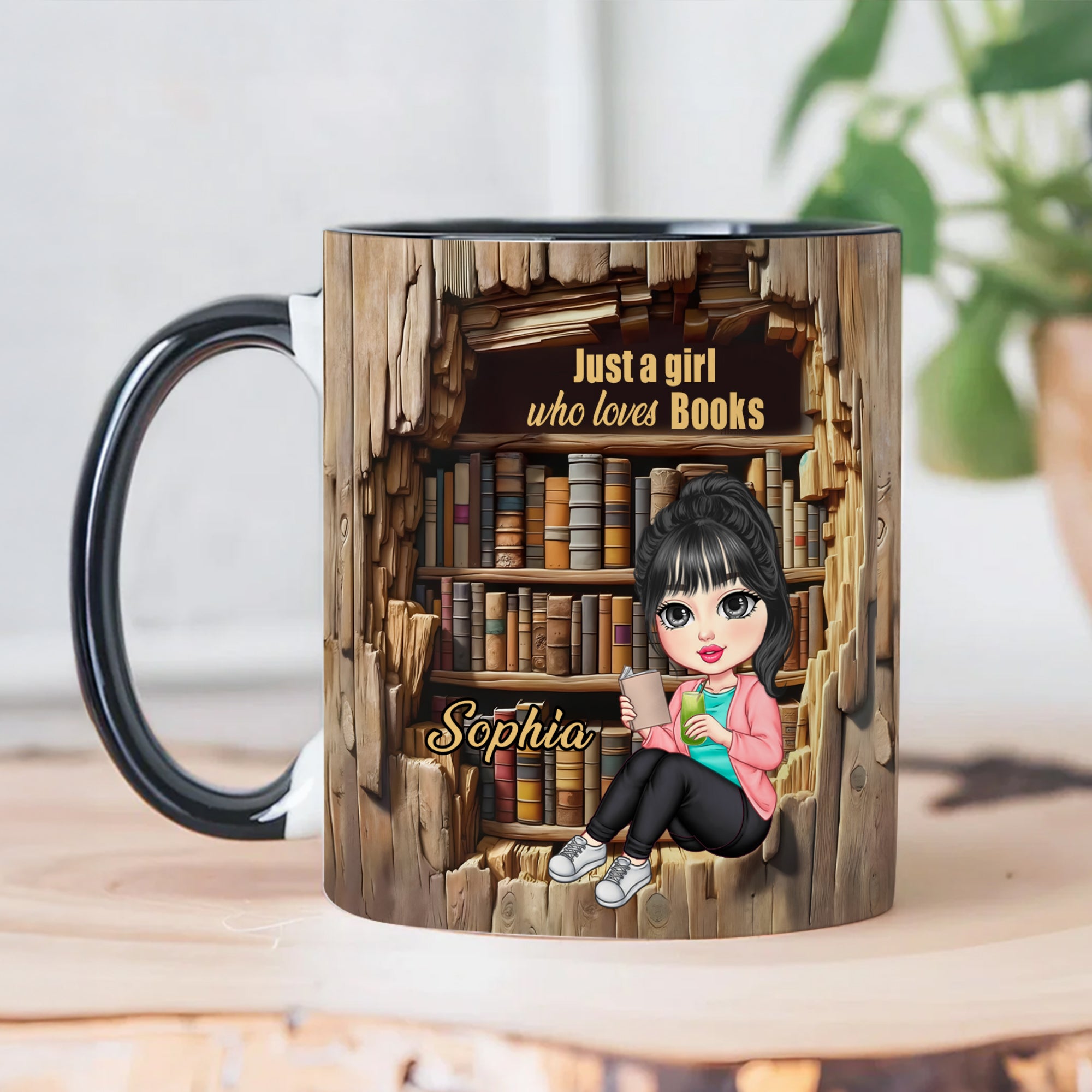 Personalizada de dibujos animados de lectura de caracteres 11 oz taza de café de cerámica con nombre de decoración del hogar regalo de cumpleaños para los amantes del libro de las mujeres