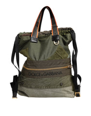 Men's Cotton-Nylon Patchwork Backpack Green Calfskin