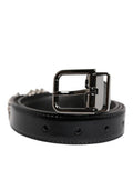 Men's Black Embellished Metal Logo Buckle Belt Leather