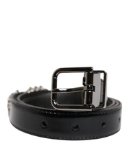 Men's Black Embellished Metal Logo Buckle Belt Leather