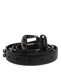 Men's Black Studded Leather Metal Logo Buckle Belt