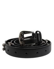 Men's Black Studded Leather Metal Logo Buckle Belt