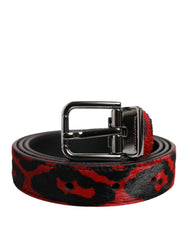 Men's Black Red Leopard Silver Metal Buckle Belt And Calfskin Hairy Leather