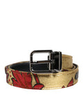 Men's Gold Floral Jacquard Silver Metal Buckle Belt