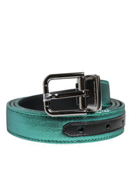 Men's Green Black Polyester Metal Buckle Belt And Lurex Calf Leather