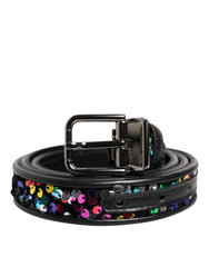 Men's Black Sequin Embellished Metal Buckle Belt Polyester Leather