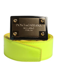 Men's Yellow Green Classic Metal Logo Buckle Belt Calf Leather