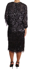 Women's Black Sequined Long Sleeve Shift Midi Dress