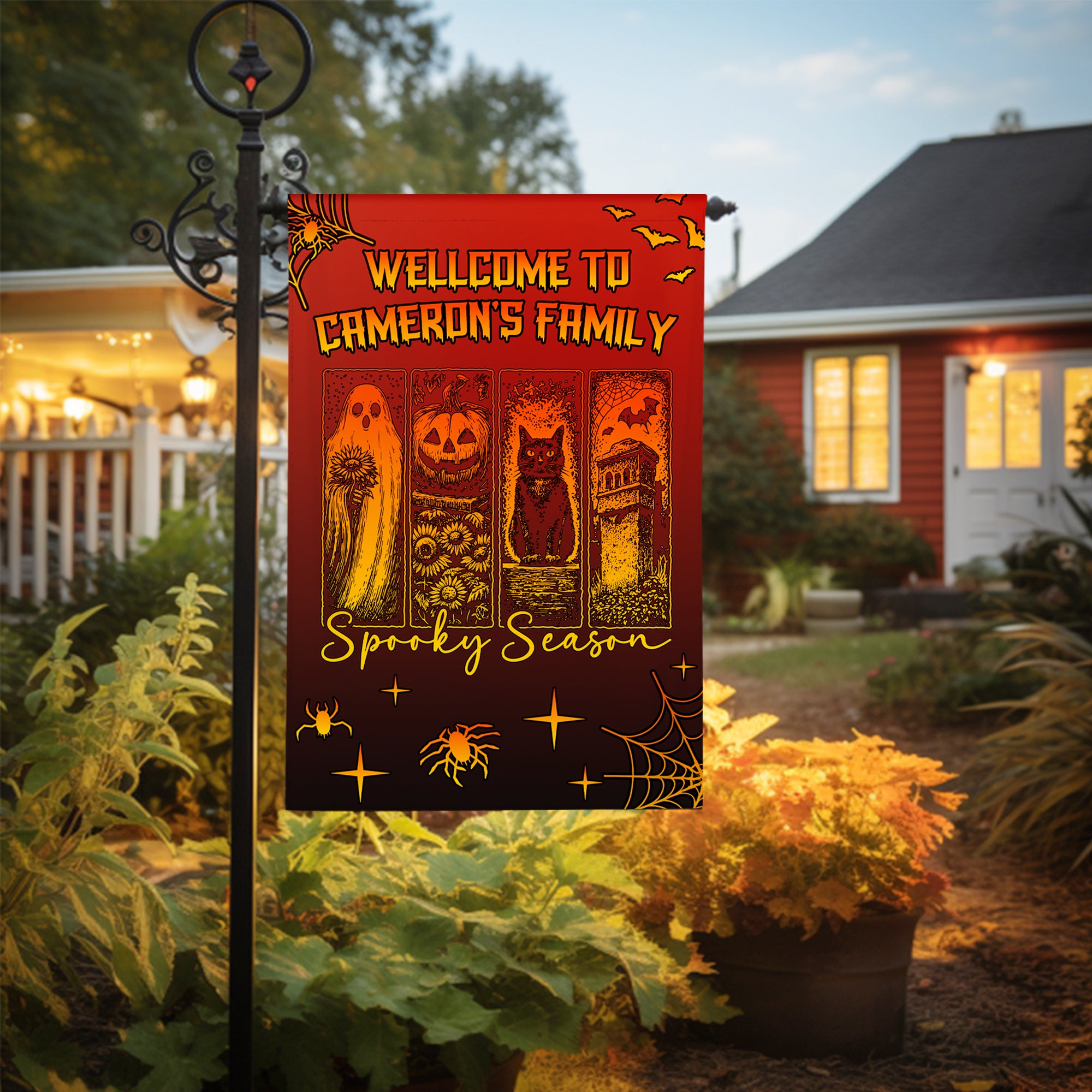 Personalizado Spooky temporada gótico fantasma negro gato bandera de jardín con nombre patio porche decoración al aire libre de Halloween regalo para la familia amigo