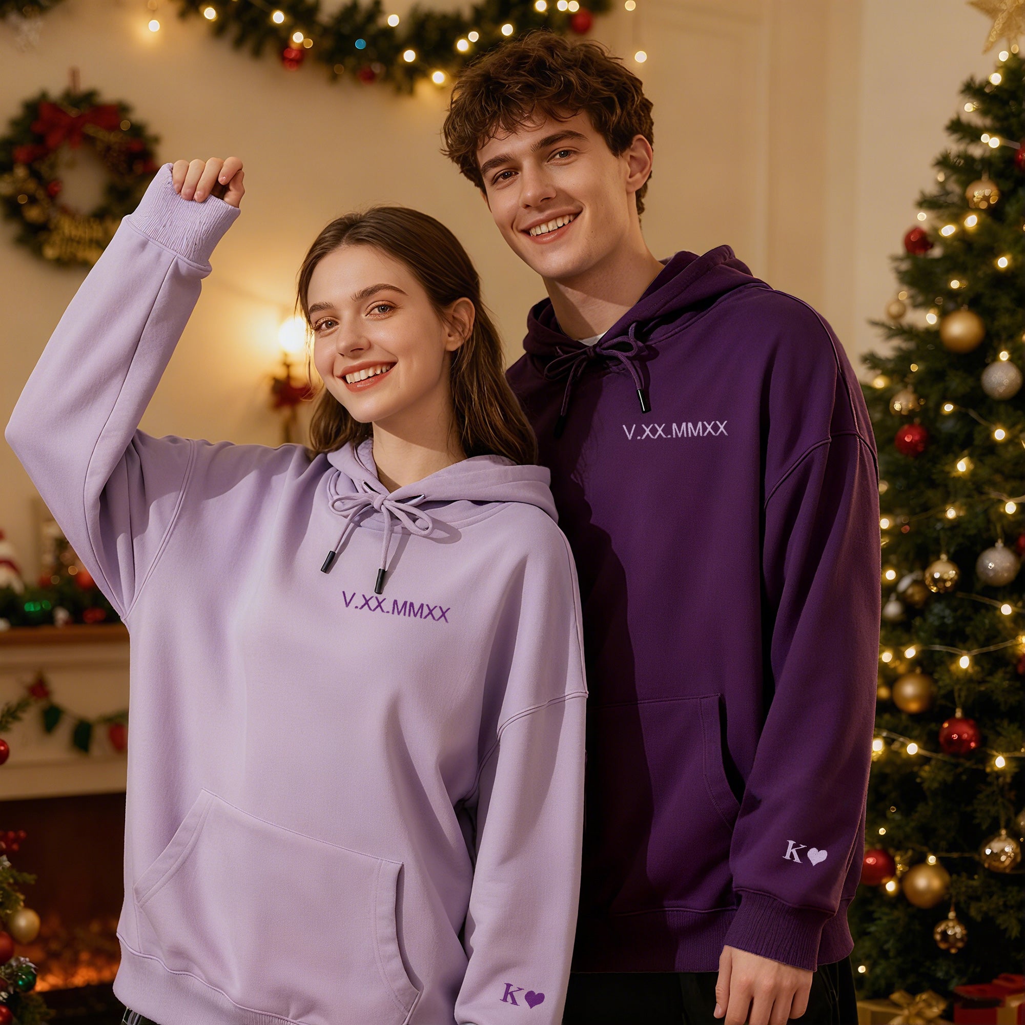 Sudadera o Sudadera con capucha personalizada con iniciales bordadas y fecha en numeros romanos regalo de aniversario o San Valentín para parejas