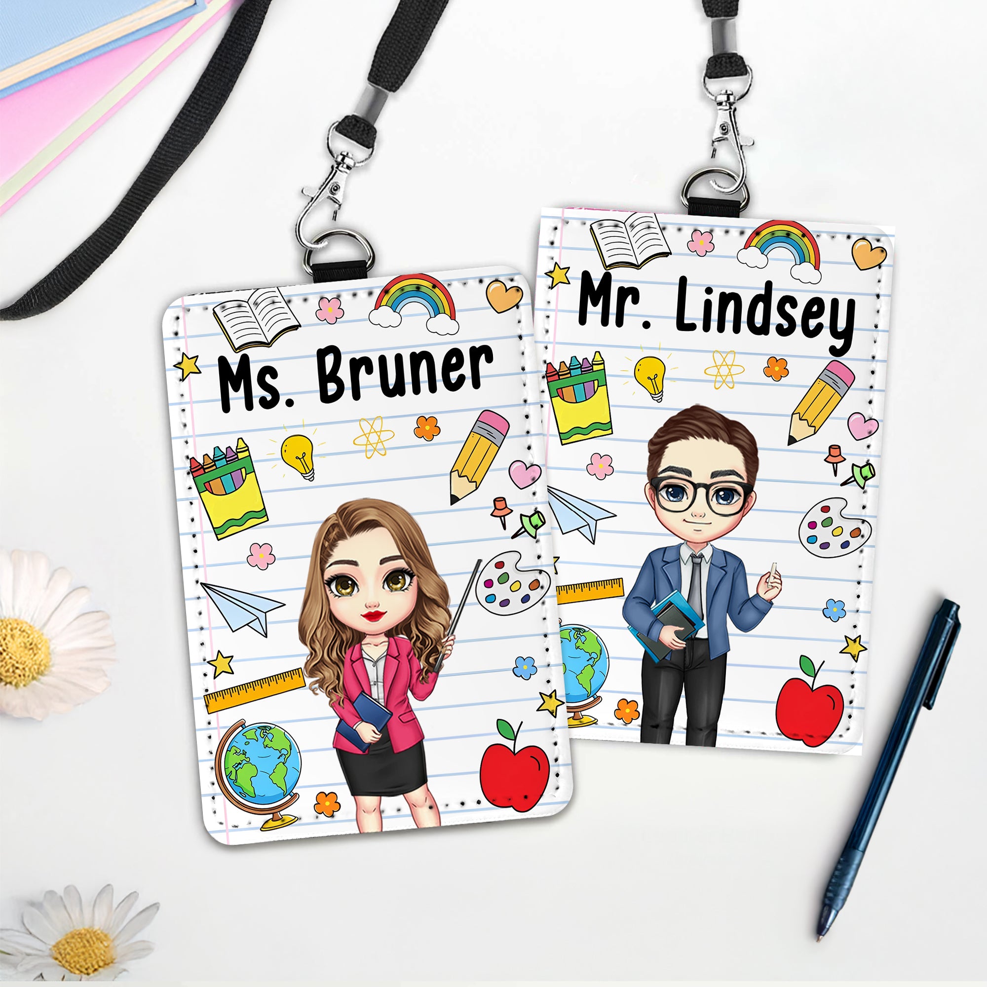 Personalizado Cartoon Teacher Character PU Leather ID Card Holder con Lanyard y Texto Teacher's Day Appreciation Gift for Teacher