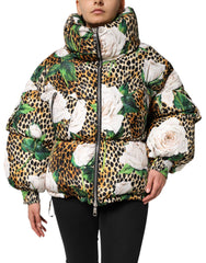 Women's Multicolor Leopard Rose Puffer Quilted Jacket Polyester Clothing