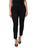 Women's Black Wool High Waist Tapered Pants Virgin Silk Elastane
