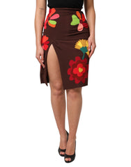 Women's Brown Floral High Waist Side Slit Skirt Viscose Acetate Elastane