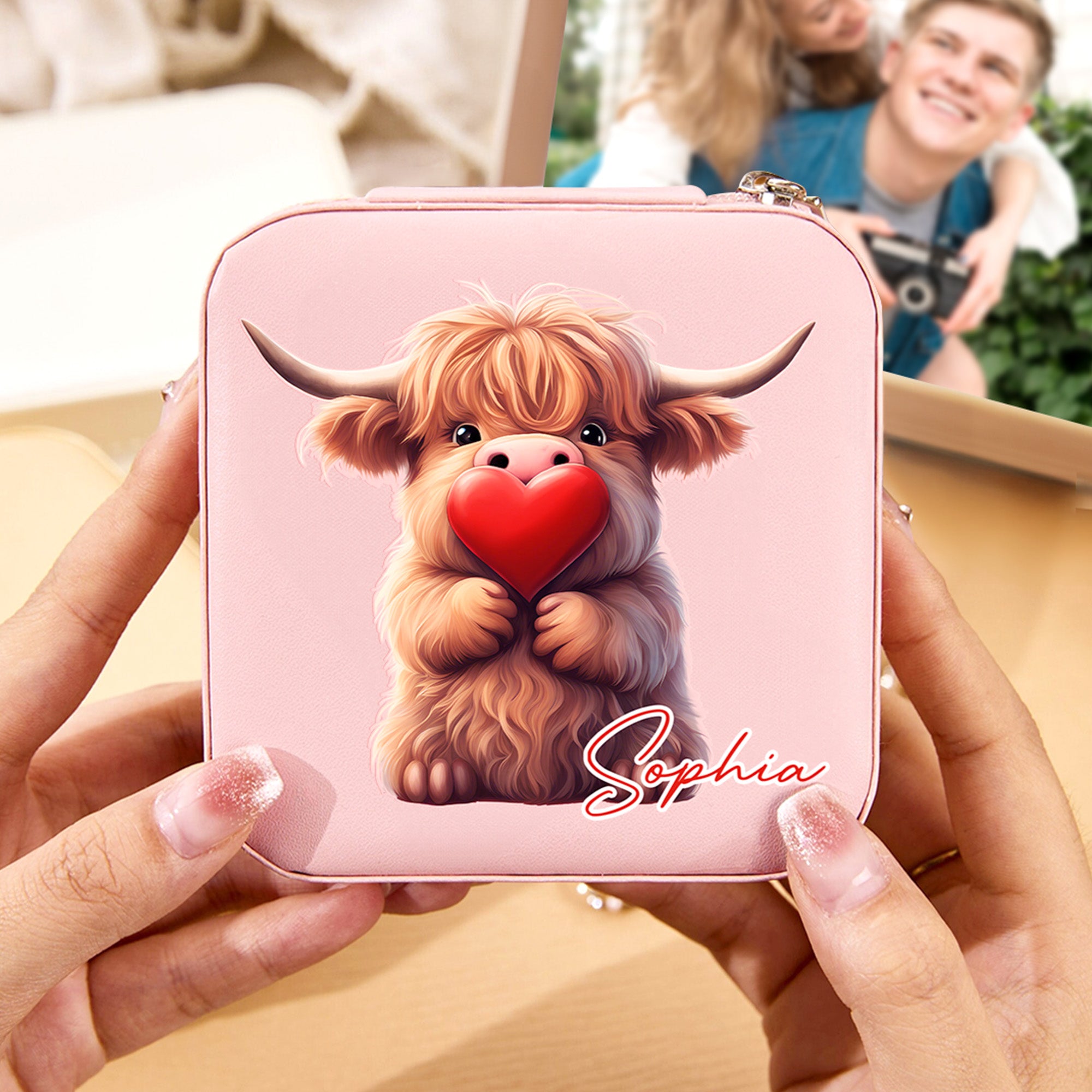 Personalizado lindo corazón del amor Highland vaca PU cuero caja de joyería con nombre cumpleaños aniversario día de San Valentín regalo para las mujeres