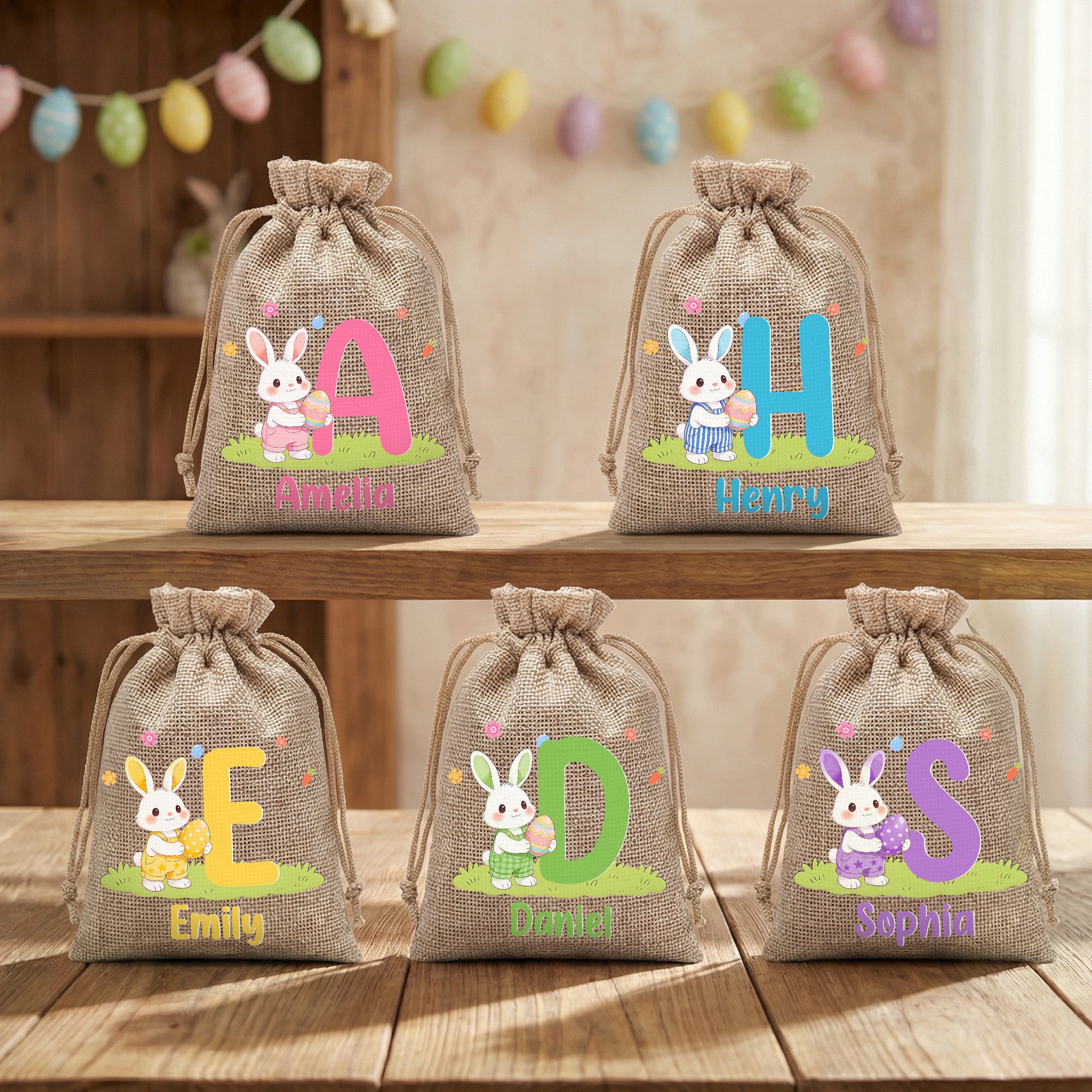 Personalizado lindo huevo de Pascua conejo inicial bolsa de regalo de caramelo de cordón con el nombre de Pascua Fiesta de Favores Regalo para Niños Niñas