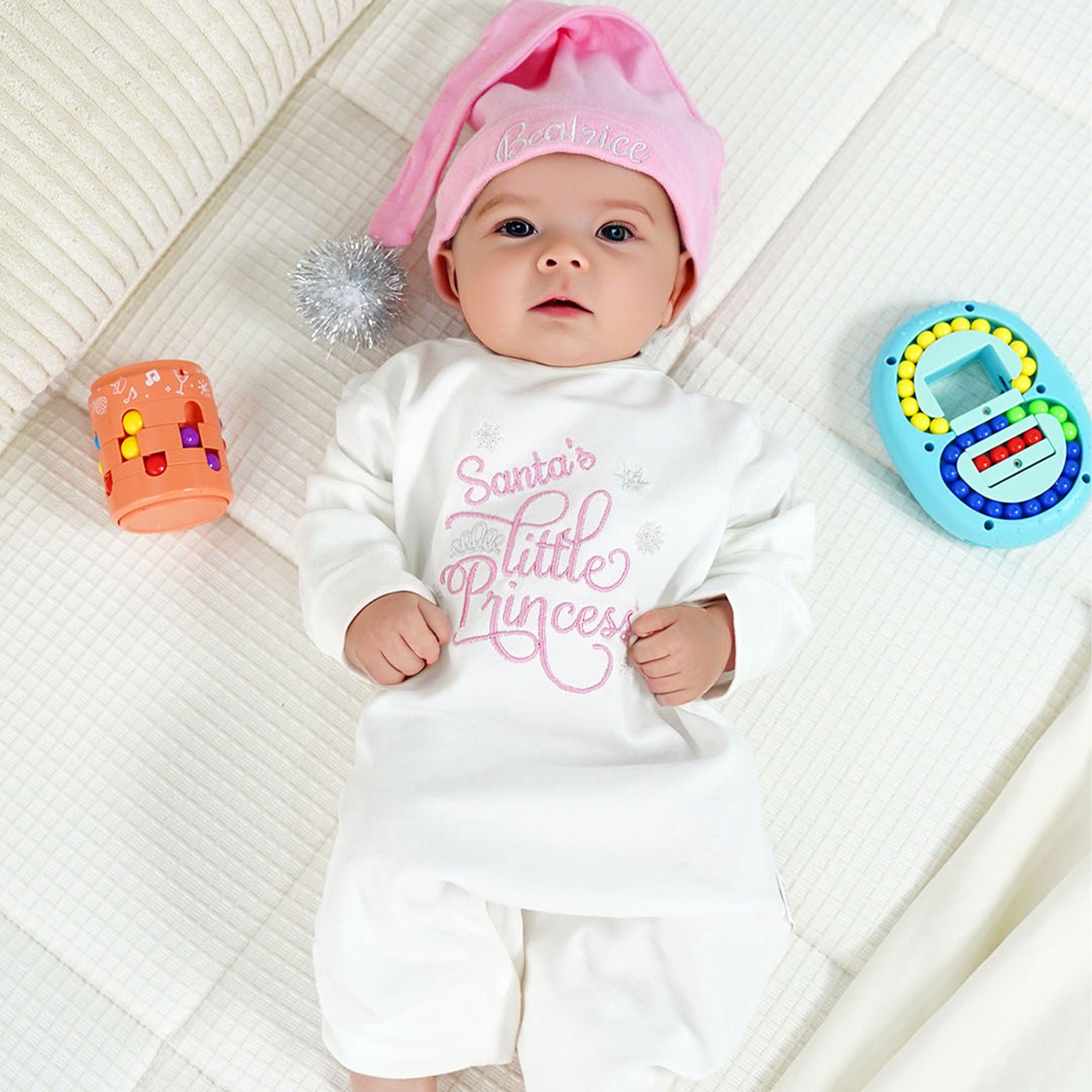 Conjunto de pelele y gorro de algodón 100% con nombre bordado personalizado Santa's Little Princess Baby Shower Christmas Gift for Baby Girls