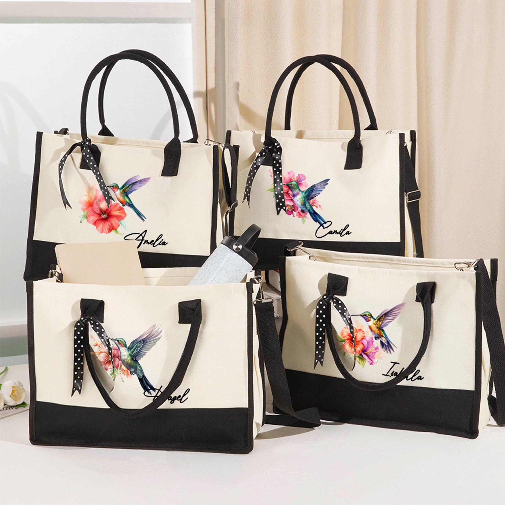 Personalizado Colibrí Bolsa de lona grande con nombre Cumpleaños Aniversario Regalo para Mujeres Colibrí Lover
