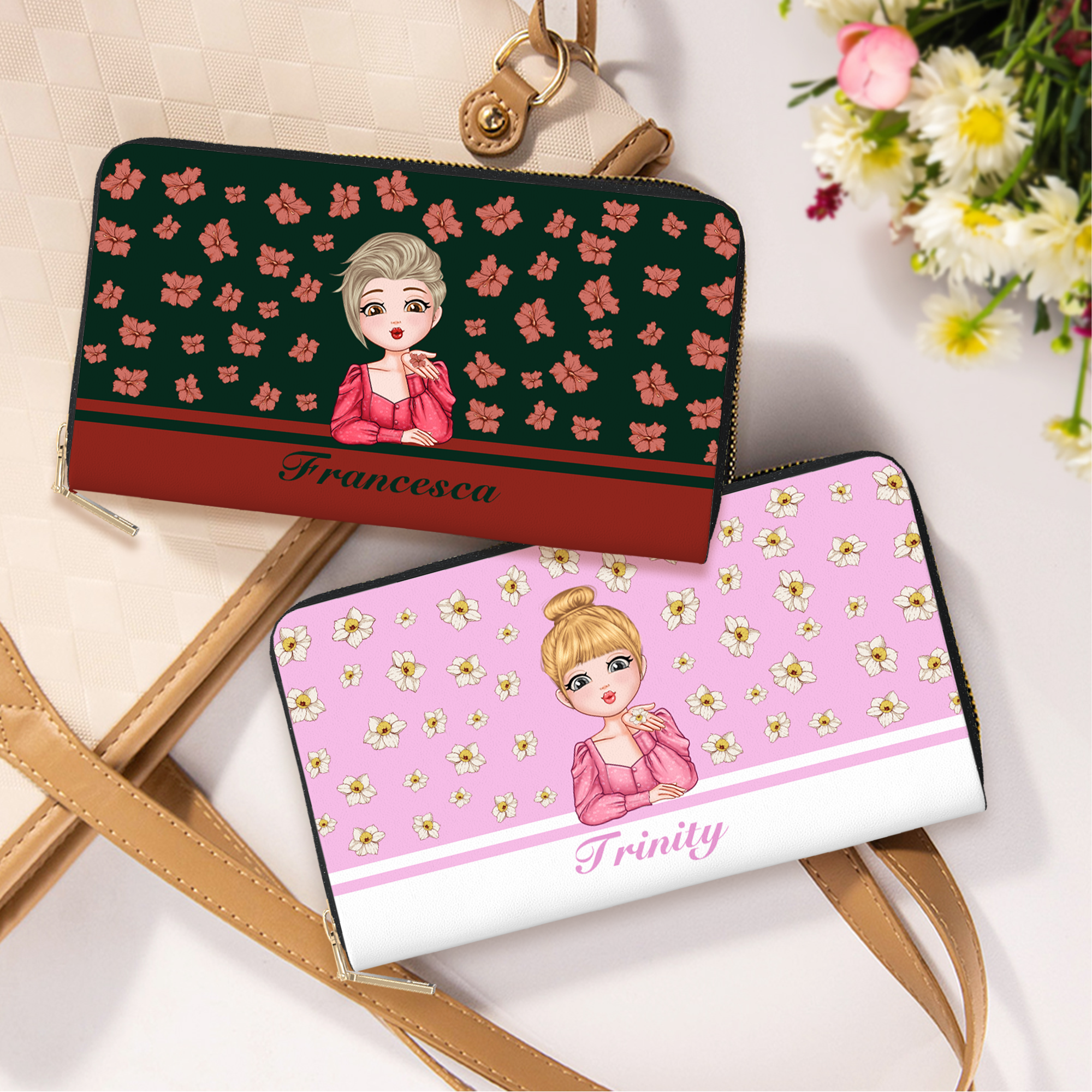 Personalizada Nacimiento Flor Cartoon Character Grande PU Cartera de mano de cuero con nombre Múltiples compartimentos Cumpleaños Novia Regalo para las mujeres