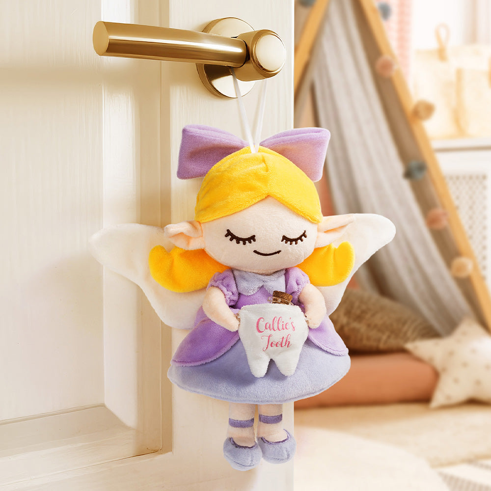 Personalizado lindo hada de los dientes muñeca de peluche almohada colgante con el nombre y el bolsillo botella de vidrio decoración del dormitorio pérdida de dientes recuerdo regalo para los niños