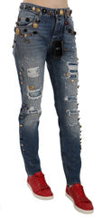 Women's Distressed Embellished Buttons Jeans Blue Cotton