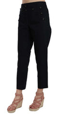 Women's Black Cropped Front Button Embellished Pants Cotton