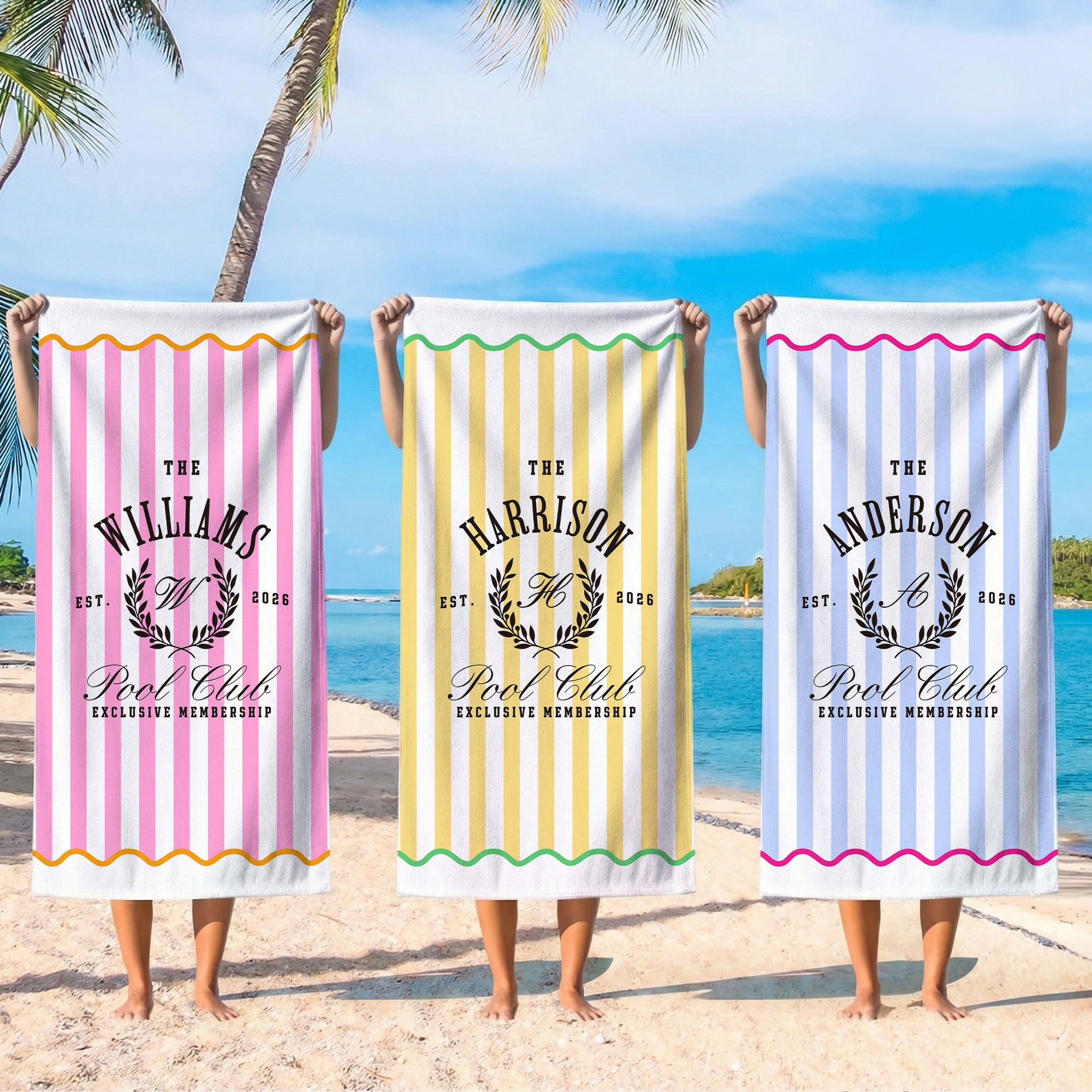 Toalla de Playa de Secado Rápido Personalizada a Rayas con Nombre Fiesta de Vacaciones de Verano Regalo de Cumpleaños para la Familia