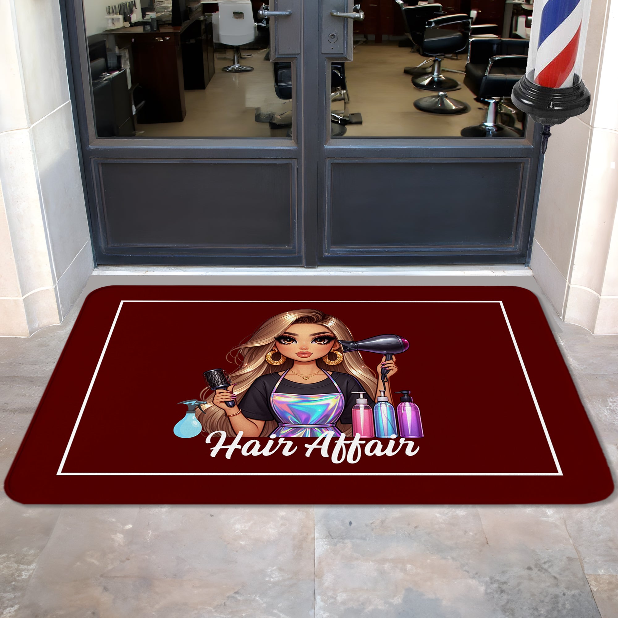 Personalizado elegante peluquero de dibujos animados multicolor antideslizante alfombra de la puerta con el texto Peluquería Accesorios de apertura de regalo para los amantes del cabello peluquería