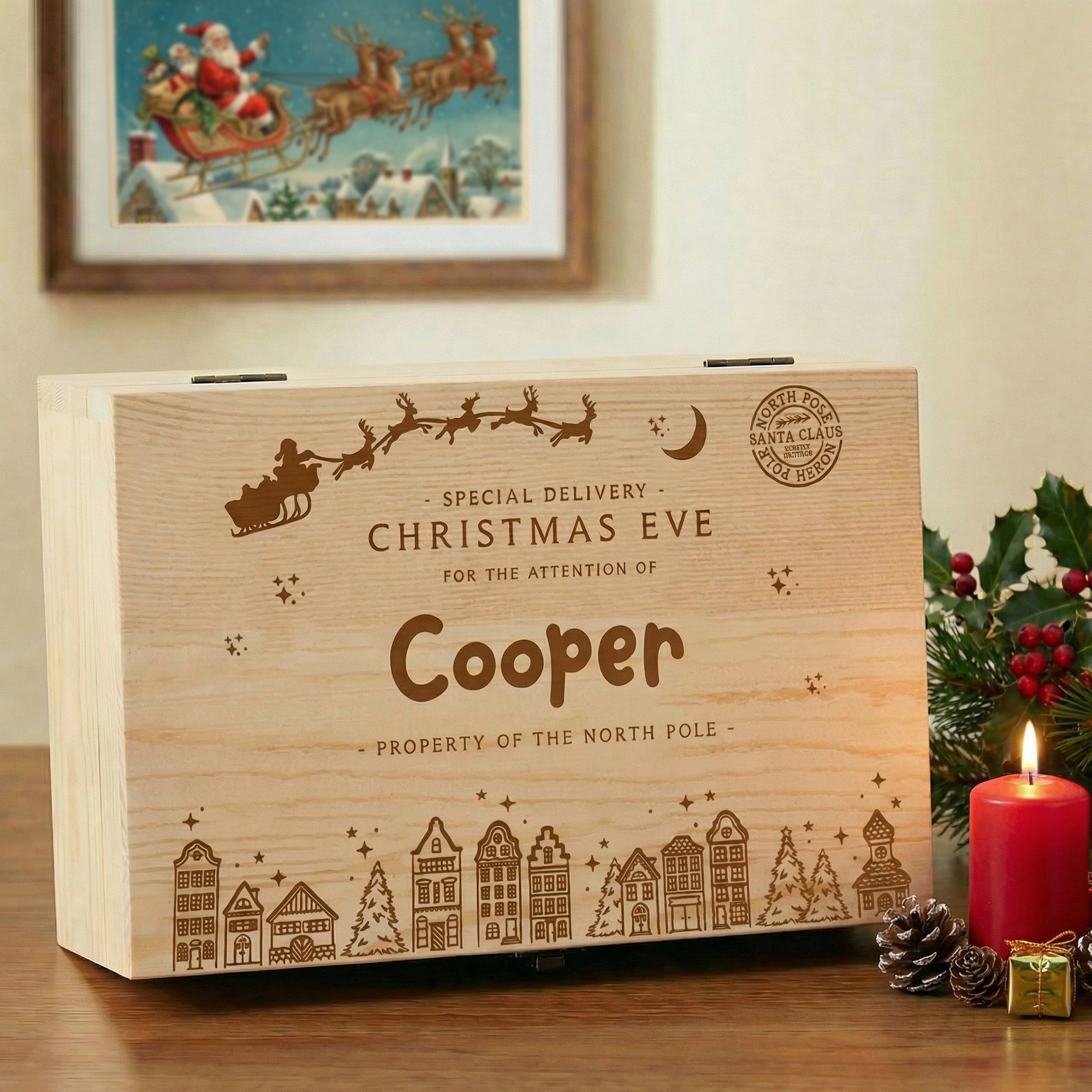 Personalizada Navidad Patrón de madera Caja de almacenamiento de memoria con el nombre Aniversario Nochebuena Regalo para la Familia Amigos Niños