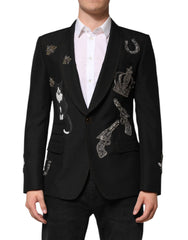 Men's Black Bee Crown Embellished Suit Coat Blazer