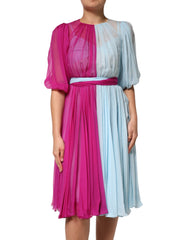Women's Fuchsia Light Blue Silk Two Tone Midi Dress